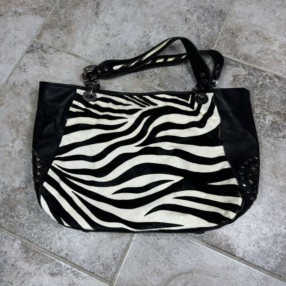 Sharif ZEBRA‎ Print SATCHEL Animal Print Handbag CALF Hair LEATHER Black/White